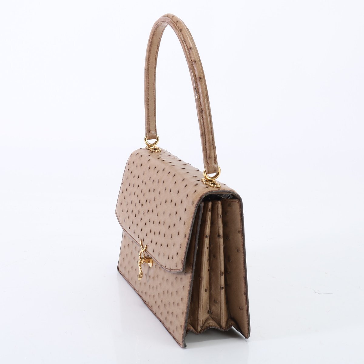 1 иен # прекрасный товар # редкий #molabito# Princess Ostrich кожа ручная сумочка верх руль бежевый Gold женский YYM P14-8