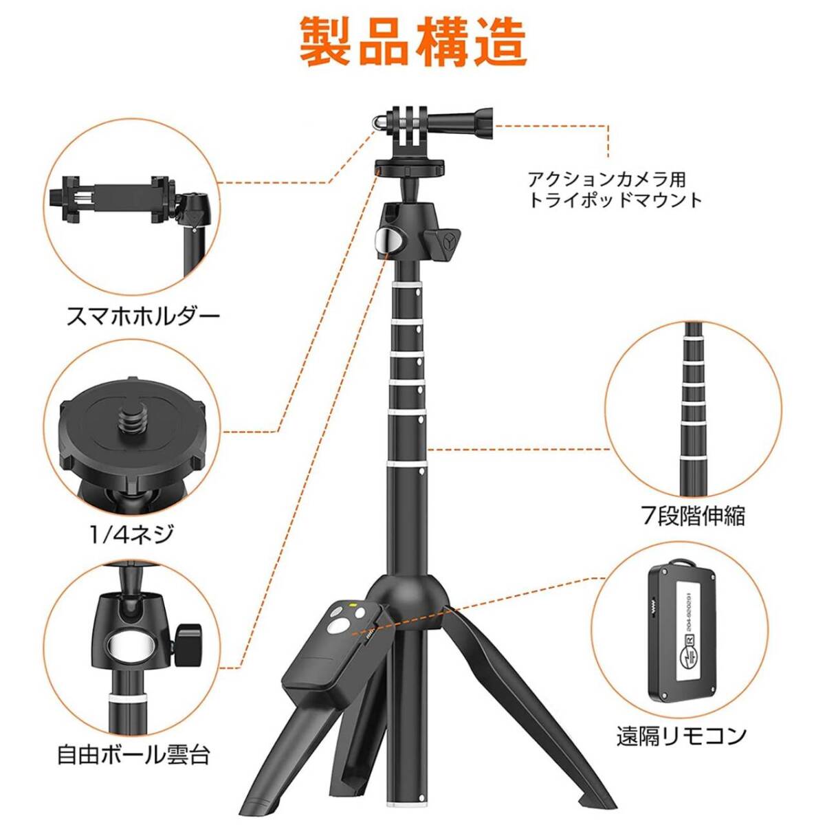 スマホスタンド付きコンパクト自撮り棒 ミニ三脚セット