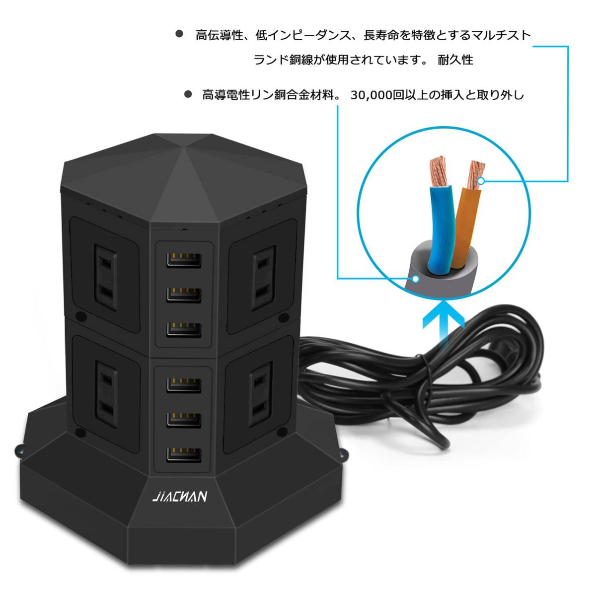 　タワー式 6USB 8コンセント 急速充電 雷ガード 過負荷保護 電源タップ