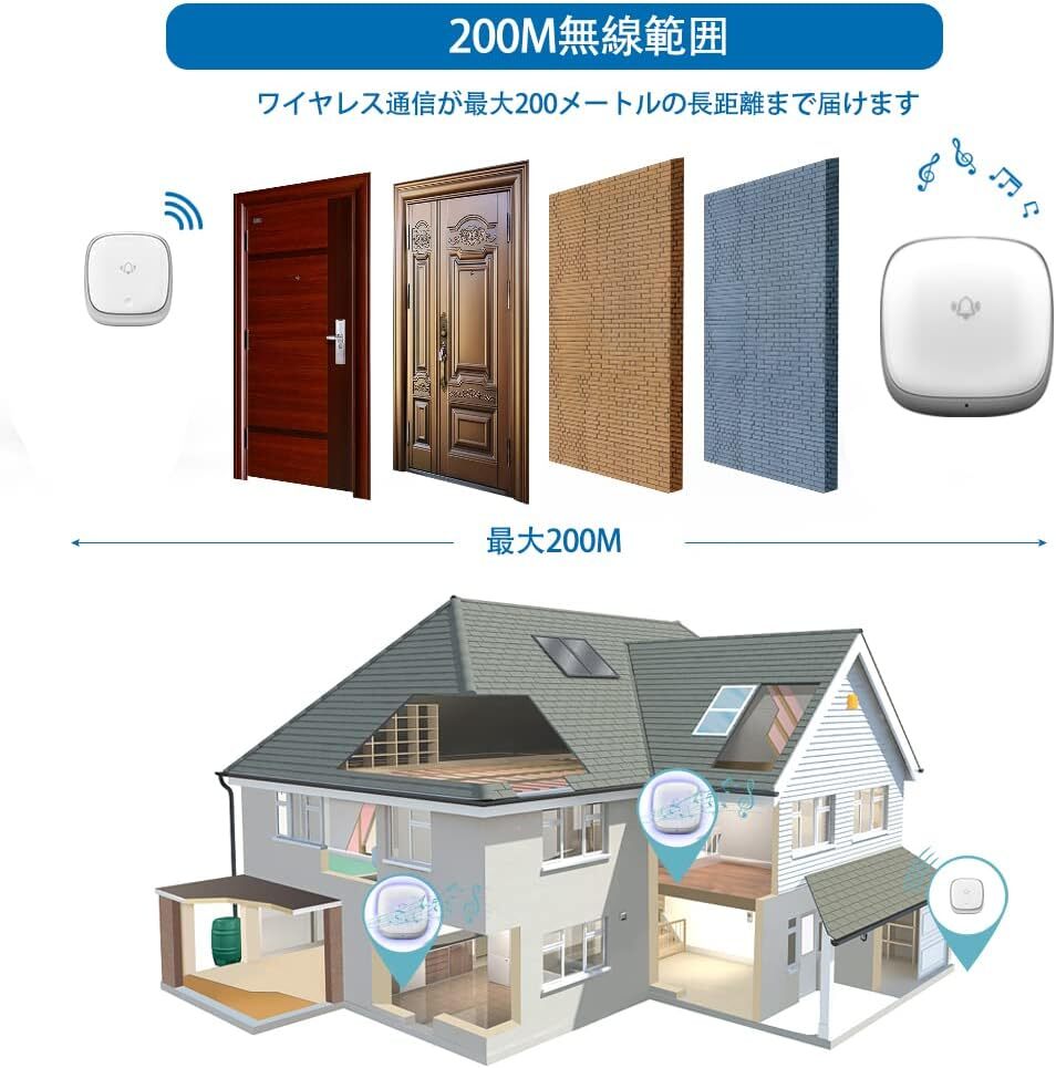 人気 ワイヤレスチャイム 自動発電 防水防塵 7色LED提示 200M無線範囲