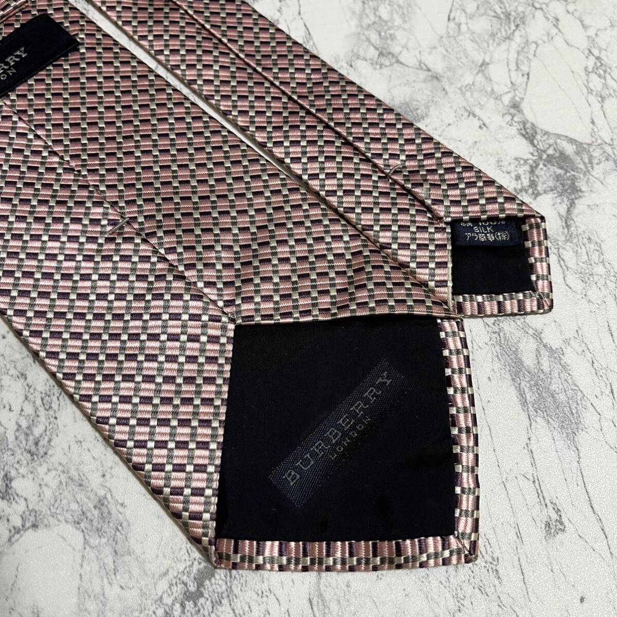 1円 美品 BURBERRY LONDON バーバリーロンドン 即日発送 ブランドネクタイ マルチカラー 総柄 シルク 絹 ピンク チェック柄 ホースロゴ_画像4