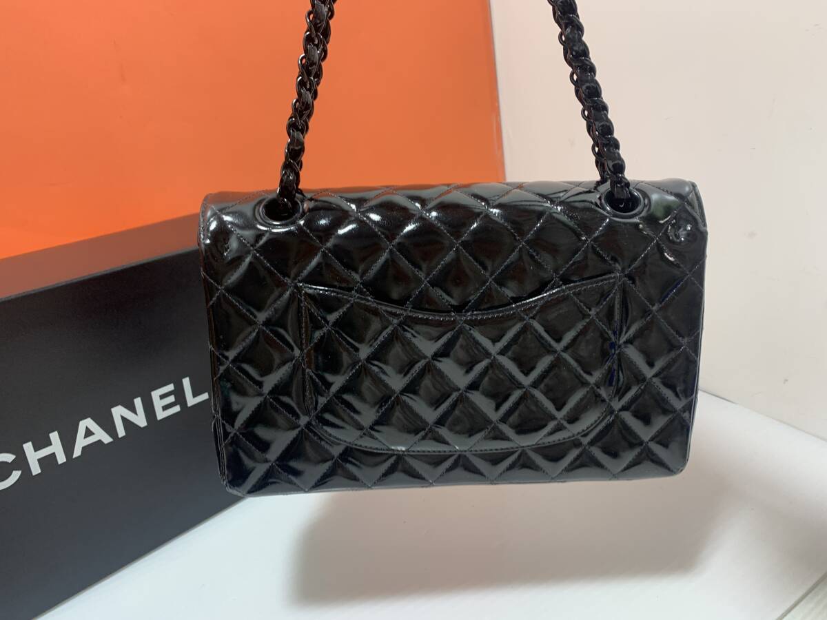 220265◆CHANEL シャネル ココマーク エナメル マトラッセ Wフラップ Wチェーンショルダーバッグ オールブラック　箱有　写真追加あり◆D1_画像3