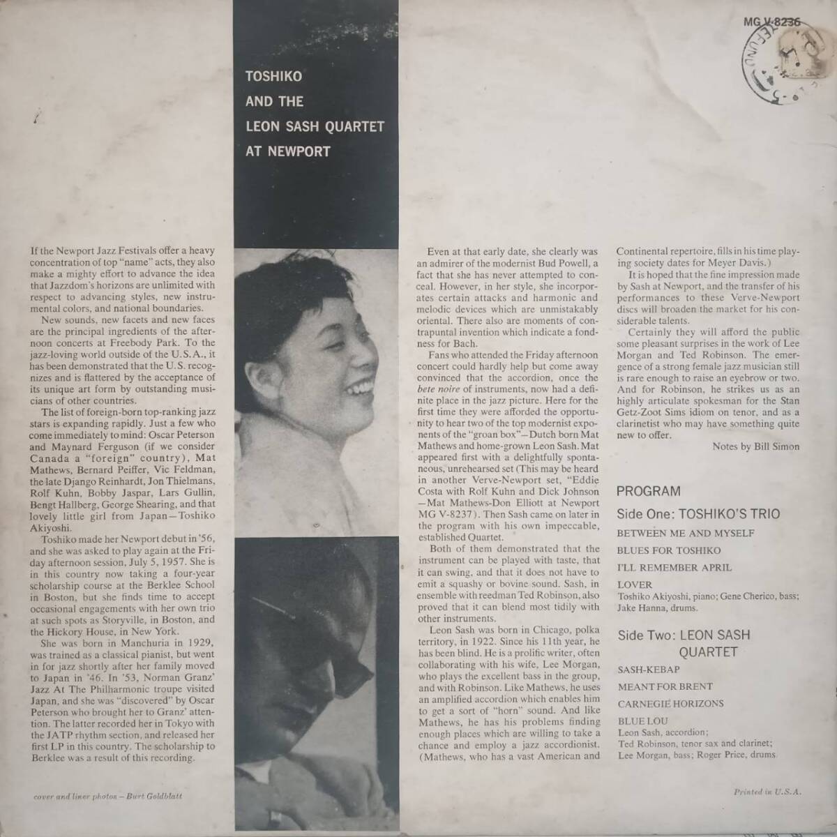 50's 米VERVEオリジLP！TPラベル深溝MONO盤 秋吉敏子 / Toshiko & Leon Sash At Newport 1958年 MGV-8236 Akiyoshi Jake Hanna Bud Powell_画像3