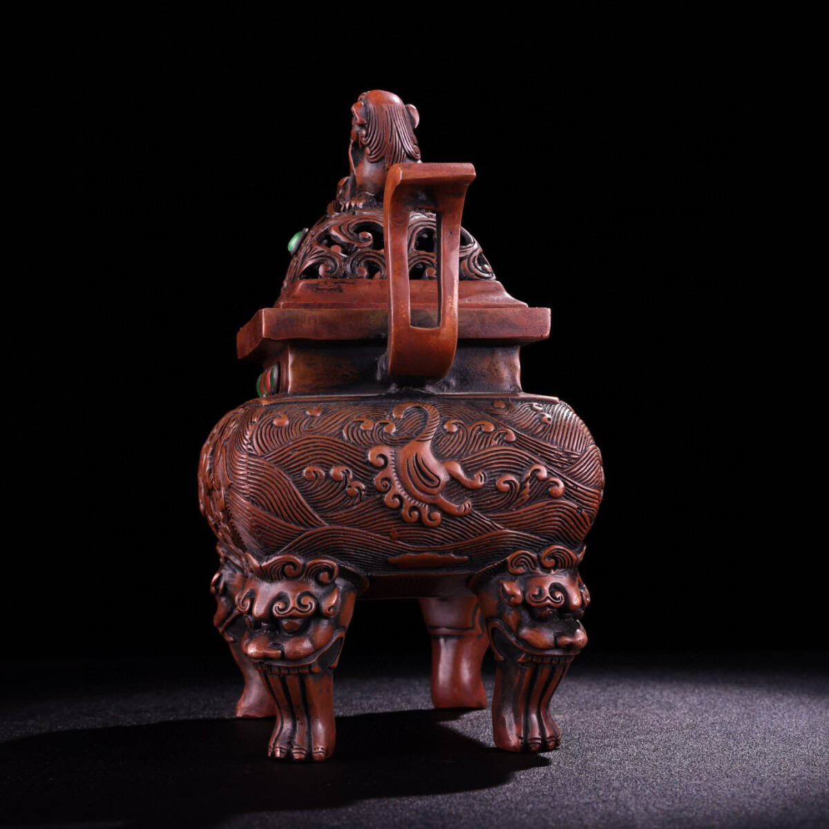 【古寶奇蔵】紫銅製・寶石嵌・雙耳・獅子熏香炉・置物・賞物・中国時代美術_画像3