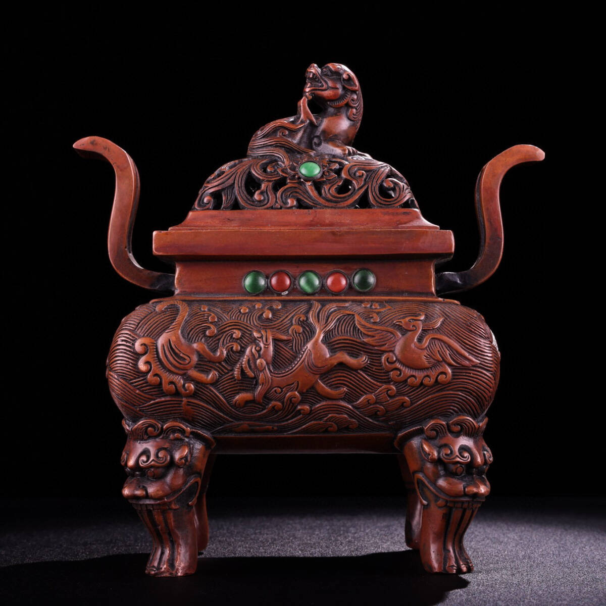 古寶奇蔵】紫銅製・寶石嵌・雙耳・獅子熏香炉・置物・賞物・ 古寶奇蔵】紫銅製・寶石嵌・雙耳・獅子熏香炉・置物・賞物・