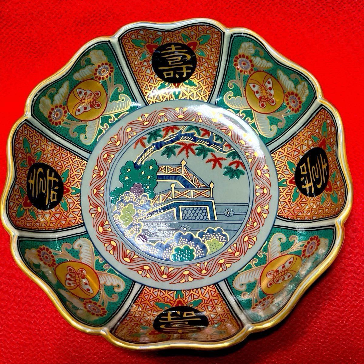 林九郎作 古伊万里 染錦八方割 見込み山水預け鉢 間取花鳥紋 壽 林九郎作 古伊万里 染錦八方割 見込み山水預け鉢 間取花鳥紋 壽