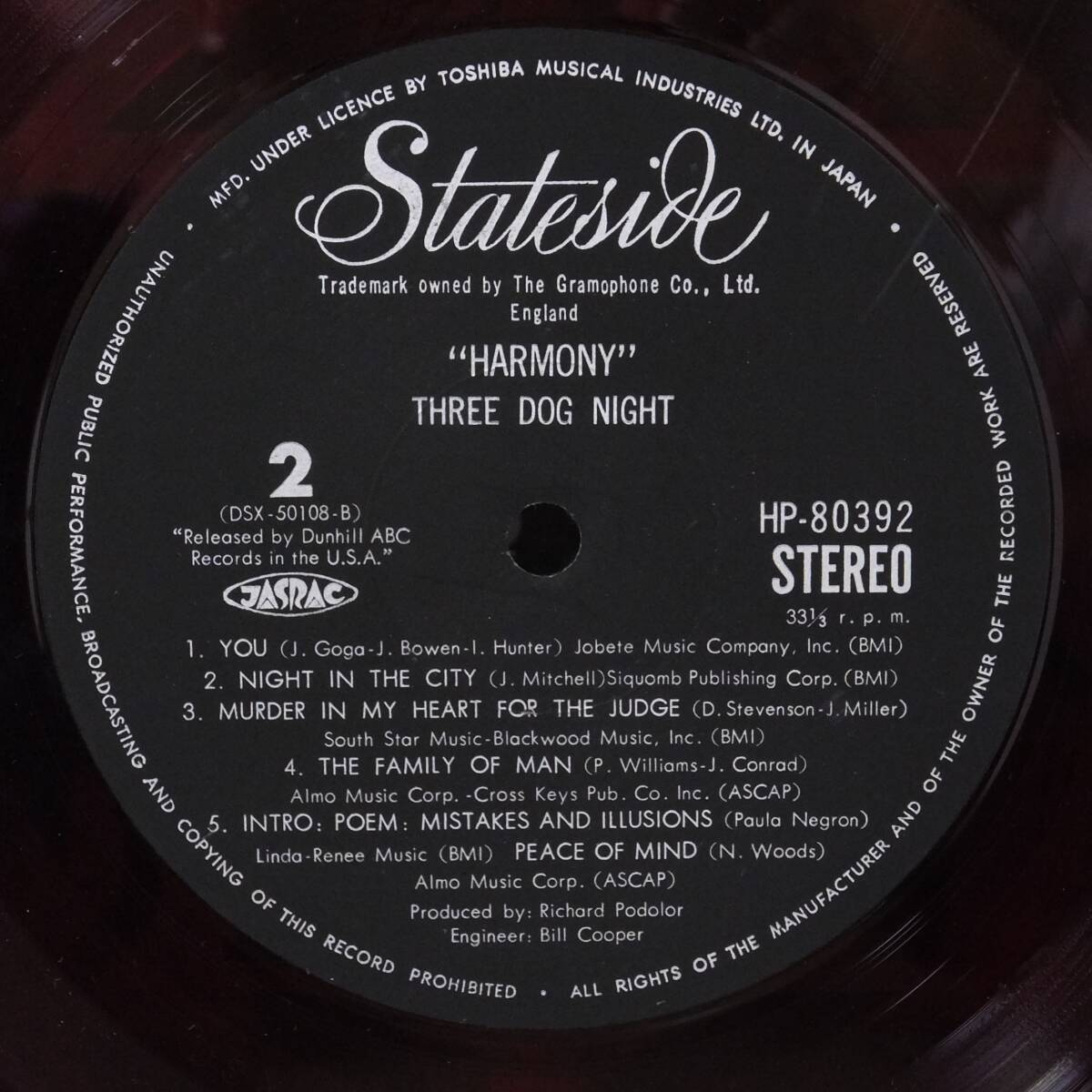 帯付 LPレコード 赤盤 ピンナップ付き HARMONY ハーモニー Three Dog Night スリー・ドッグ・ナイト HP-80392 ROCK NOW 東芝 傷、擦れ顕著_画像6