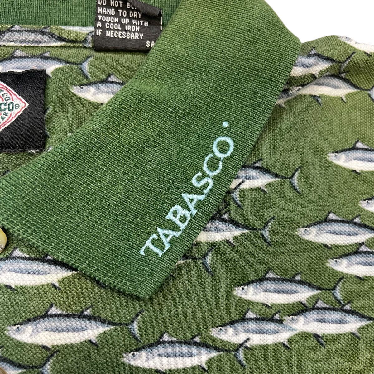 90s TABASCO タバスコ ポロシャツ XL グリーン 半袖 総柄 魚 サカナ ロゴ 刺繍 タバスコ 企業 Tシャツ ヴィンテージ_画像3