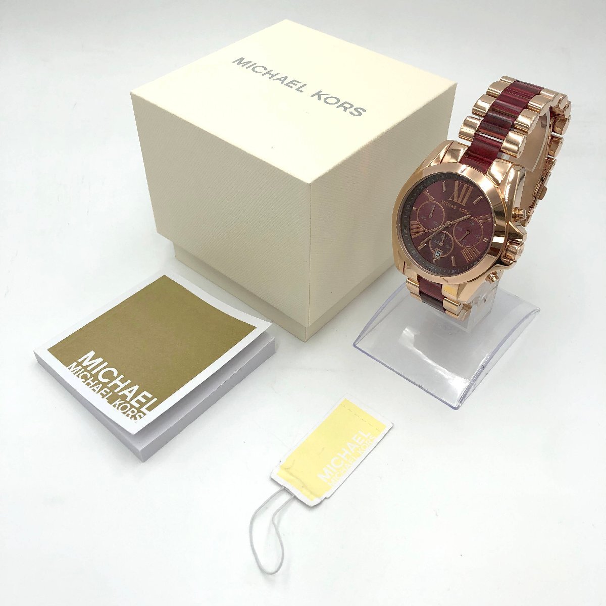 3382☆Michael Kors mk6270 Bradshaw Two Tone Women s Watch クォーツ 多針アナログ ローズゴールド&レッド 耐水圧30m【0425】_画像6