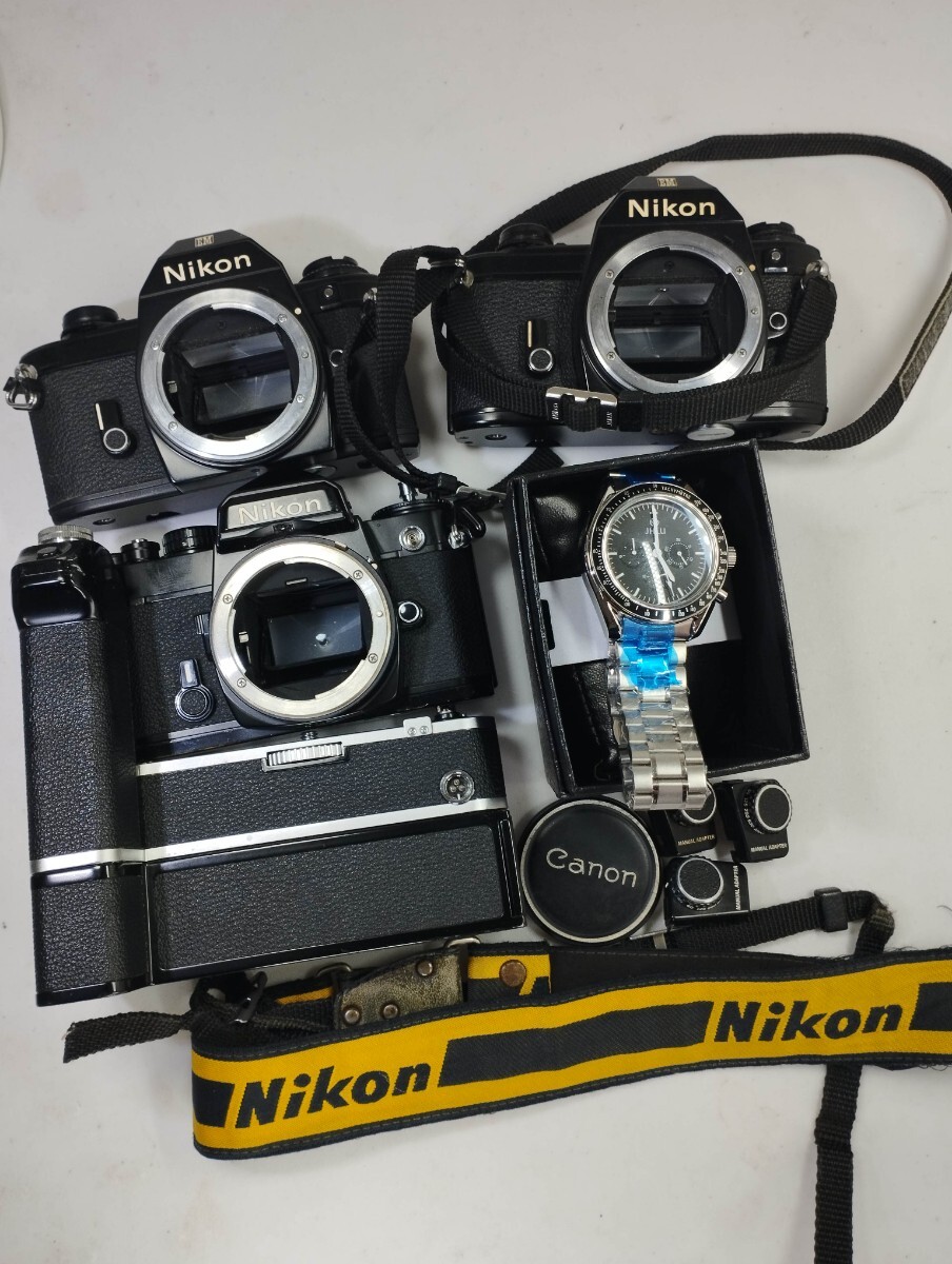 【整理業者リサイクル】 Nikon EM FE MB-1 MD-2 腕時計機械式 フィルムカメラ等まとめてジャンク品 1円スタート売り切り昭和レトロ カメラの画像1