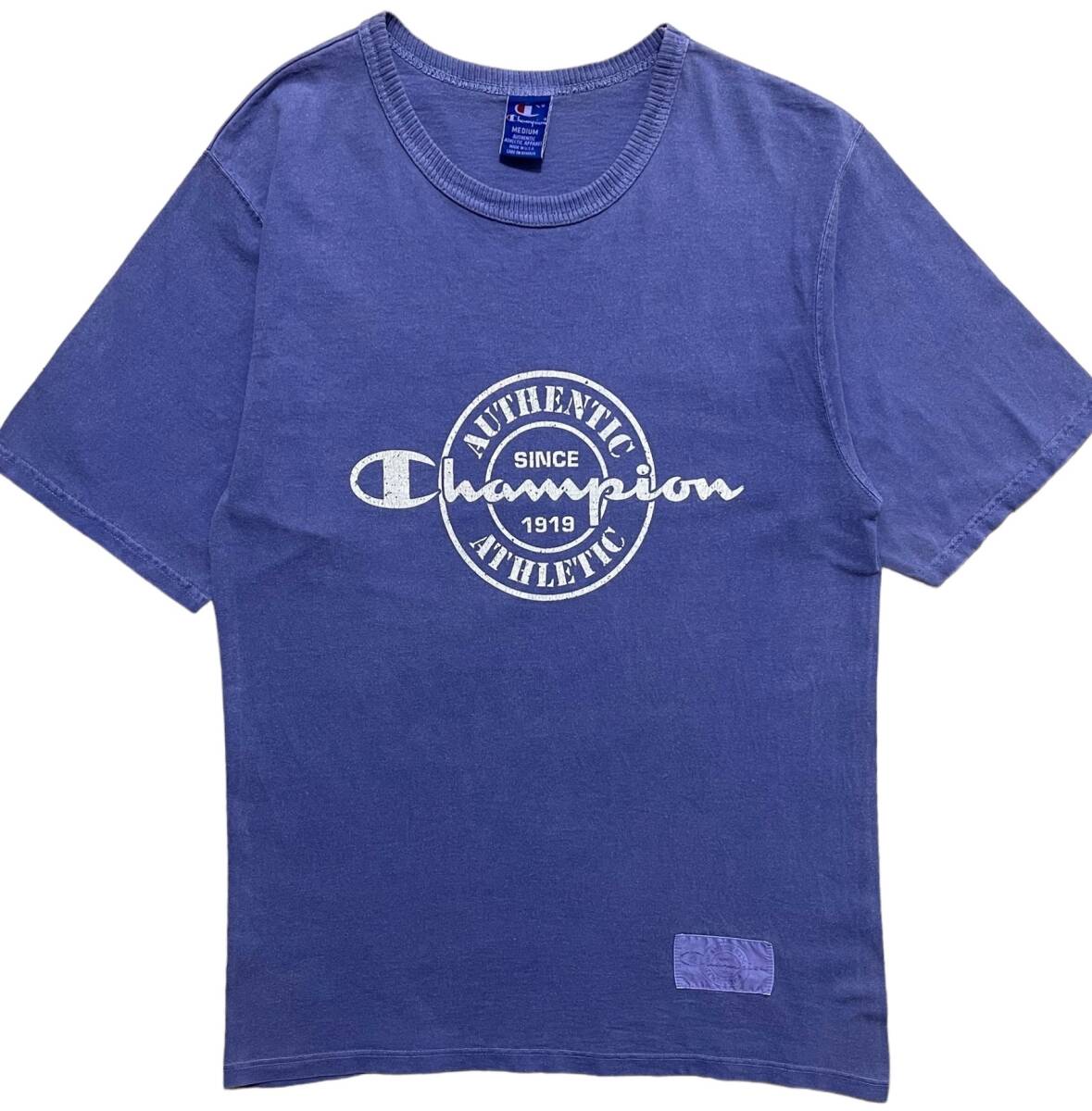チャンピオン Champion 90s ヴィンテージ USA製 刺繍タグ バータグ ビッグロゴ 半袖Tシャツ M ナス紺_画像1
