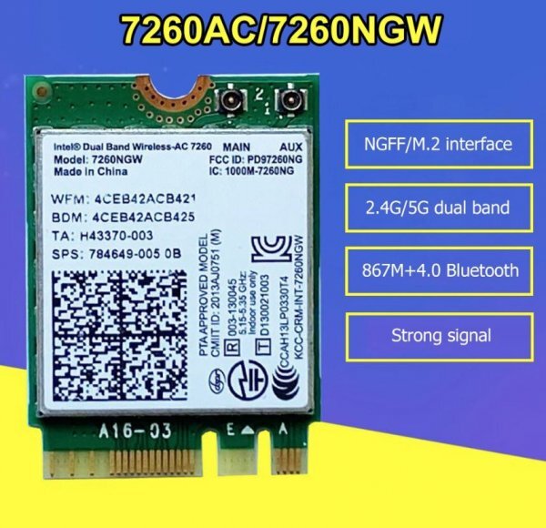 Intel Dual Band Wireless-AC 7260 7260NGW 無線LAN WiFi ネットワークカード Bluetooth 4.0 2.4Ghz 5Ghz インテル PC_画像1