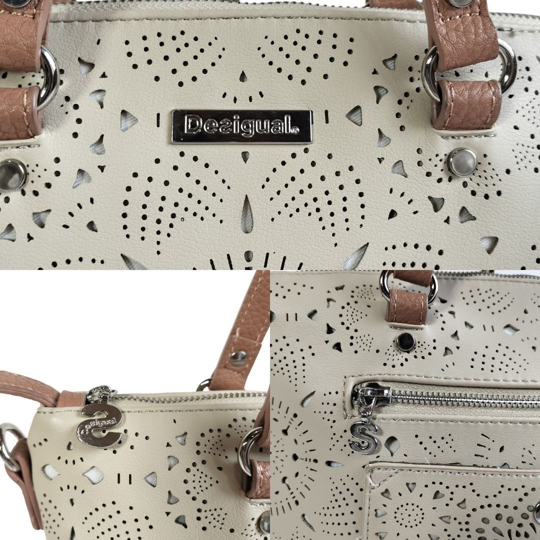 【精緻な透かし彫り　手提げ袋】　デシグアル　ハンドバッグ ミニトートバッグ カットワーク 型抜き パンチング 　アイボリー