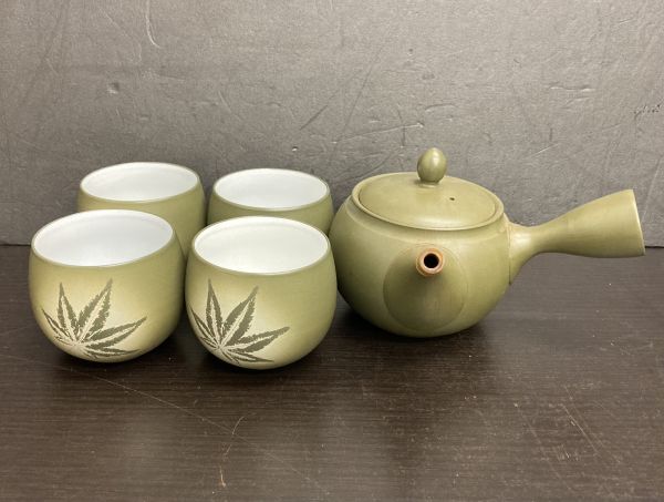 M　急須＆湯のみ　5点セット　陶器　茶器　紅葉　工芸品　5s-29_画像1