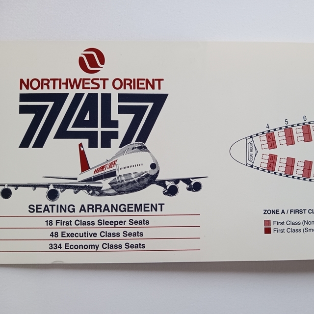  Northwest Airlines timetable 1990 year Orient BOEING-747 seat table NORTHWEST Seating Arrangement ORIENT NORTHWEST AIRLINES