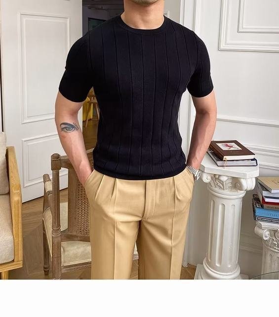 サマーニット トップス カットソー カジュアル 半袖Tシャツ メンズ サマーセーター ニットブラック 3XLサイズ_画像2