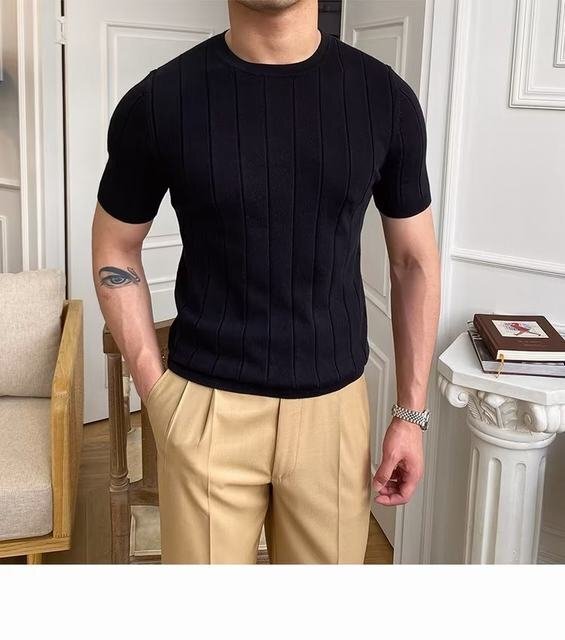 サマーニット トップス カットソー カジュアル 半袖Tシャツ メンズ サマーセーター ニットブラック 3XLサイズ_画像3
