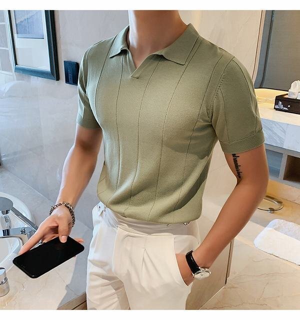 半袖ニット メンズ サマーセーター ニットTシャツ サマーニット トップス カットソー カジュアル グリーン XLサイズ_画像7