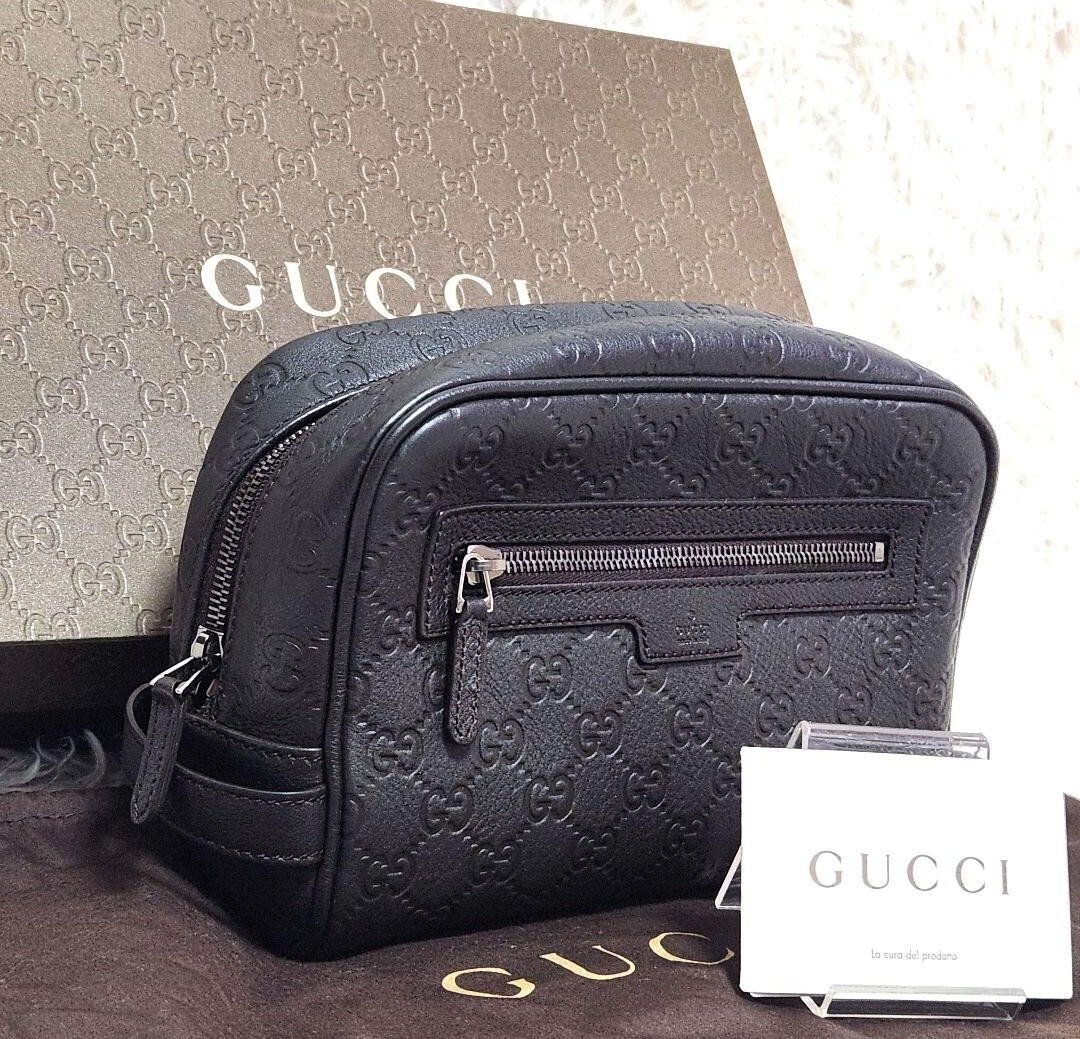 新品未使用箱付き GUCCI グッチ マイクログッチシマ セカンドバッグ レザー 本革 黒 ブラック メンズ_画像1