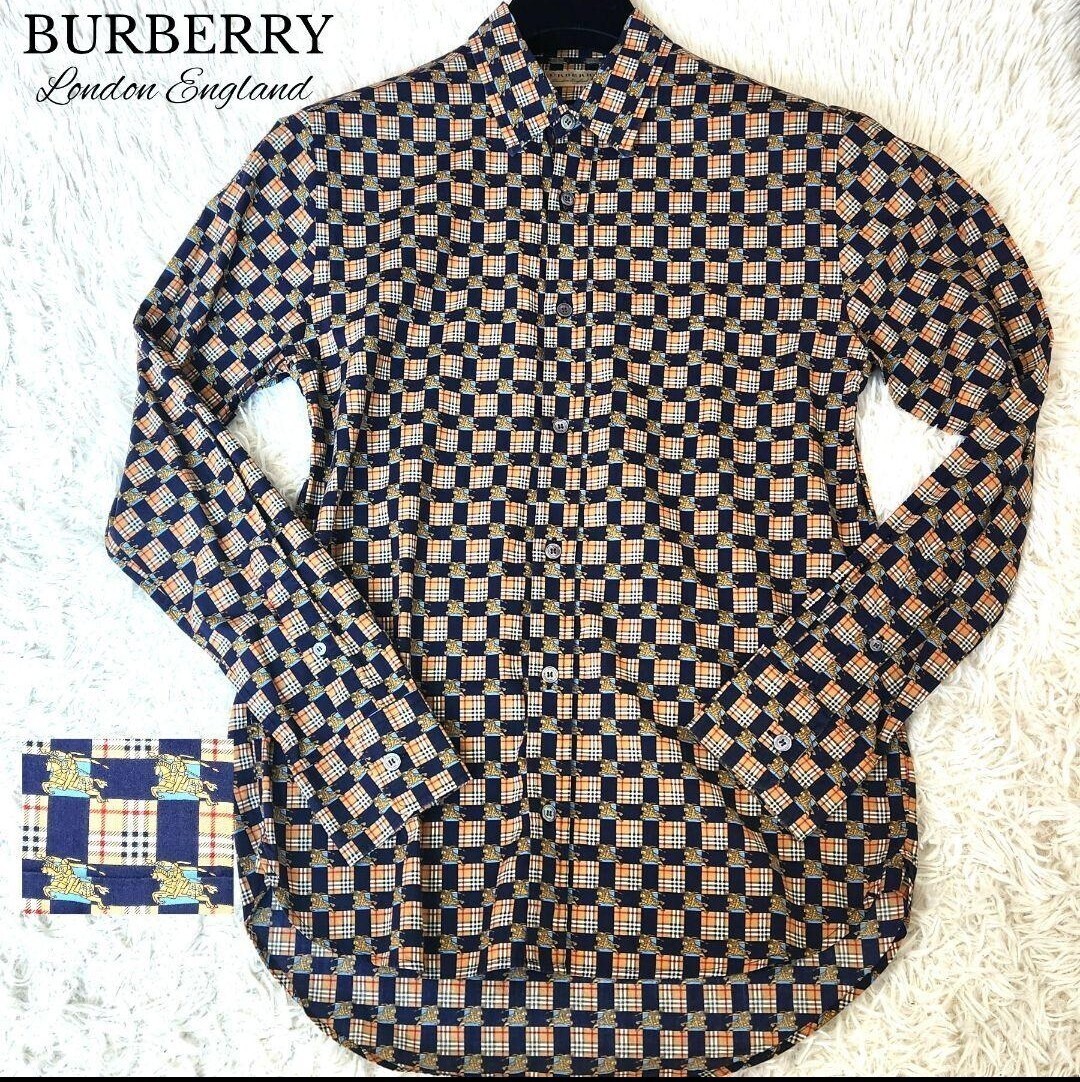 未使用級 超美品 現行品 BURBERRY バーバリー シャツ 長袖 S ノバチェック ホースロゴ総柄 メンズ カジュアルシャツ_画像1