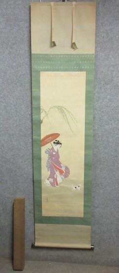 「真筆」 掛軸 美人画 犬と散歩 [B25098] 長さ202cm 幅49.5cm 絹本 箱入り 人物 床の間 飾り 古玩 古美術_画像5