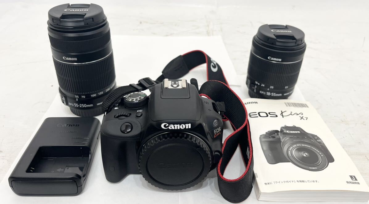 中古美品　Canon キャノン EOS Kiss X7i CANON ZOOM LENS EF-S 18-55mm 1:3.5-5.6 IS STM / 55-250mm 1:4-5.6 IS Ⅱ＋取説、充電器付き_画像1