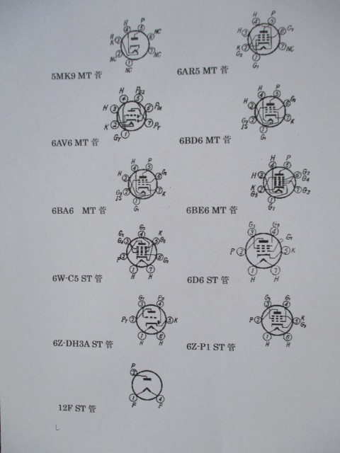 真空管５球スーパー/トランス式ラジオ部品、コンデンサー 抵抗セット 取り付け場所　参考図付き 新-01 同等品_真空管ピンの位置です