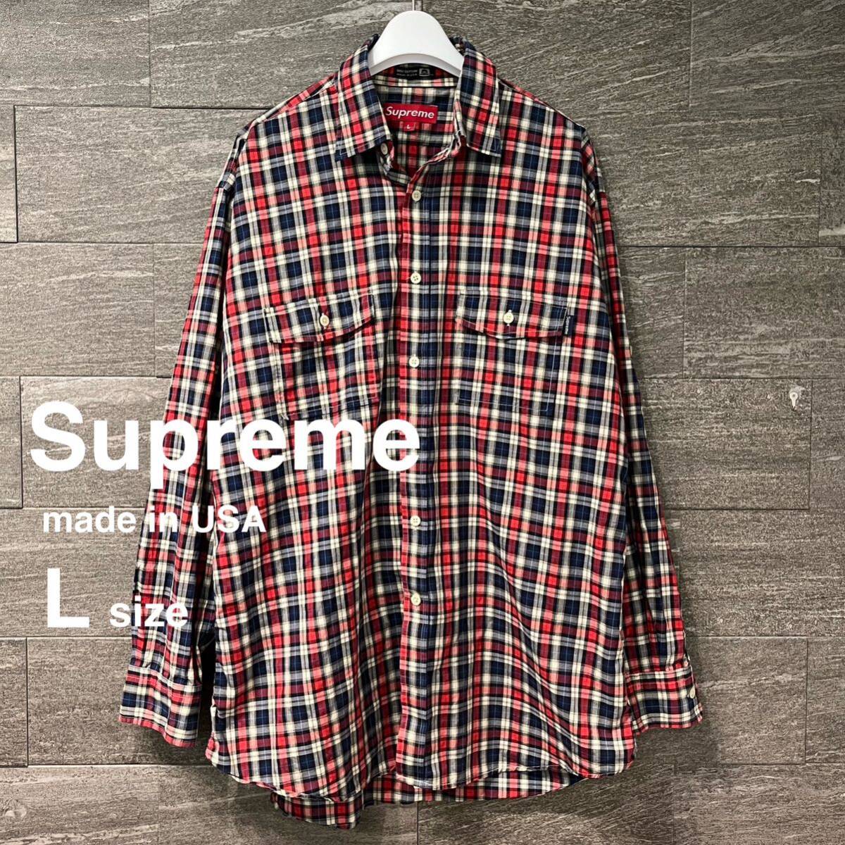 【USA製】 OLD supreme shirt Lシュプリーム チェックシャツ 90s 長袖シャツ 半袖シャツ マドラスチェック