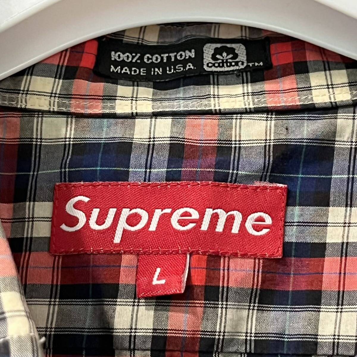 【USA製】 OLD supreme shirt Lシュプリーム チェックシャツ 90s 長袖シャツ 半袖シャツ マドラスチェック