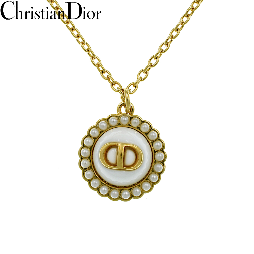 Christian Dior クリスチャンディオール メタル レジンパール ネックレス ゴールド【A02475】_画像1