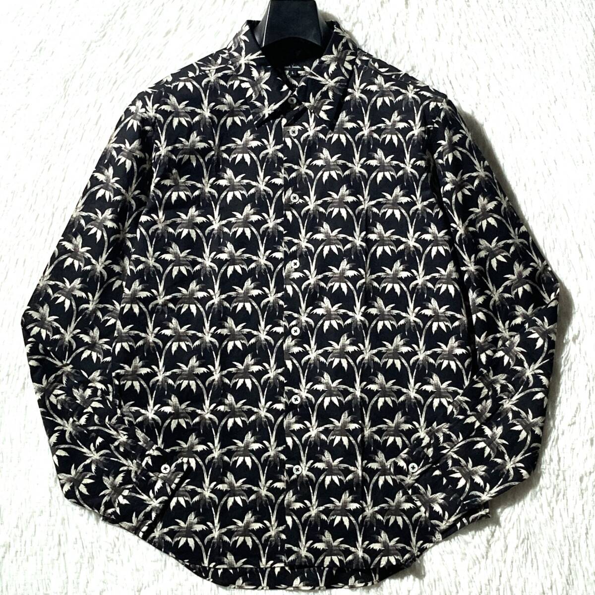 ポールスミス★16SS 名作★INK PALM PRINT SHIRT★ヤシの木 パームツリー リーフ柄 長袖シャツ 花柄 アロハ リゾート 黒 L PAUL SMITH_画像1