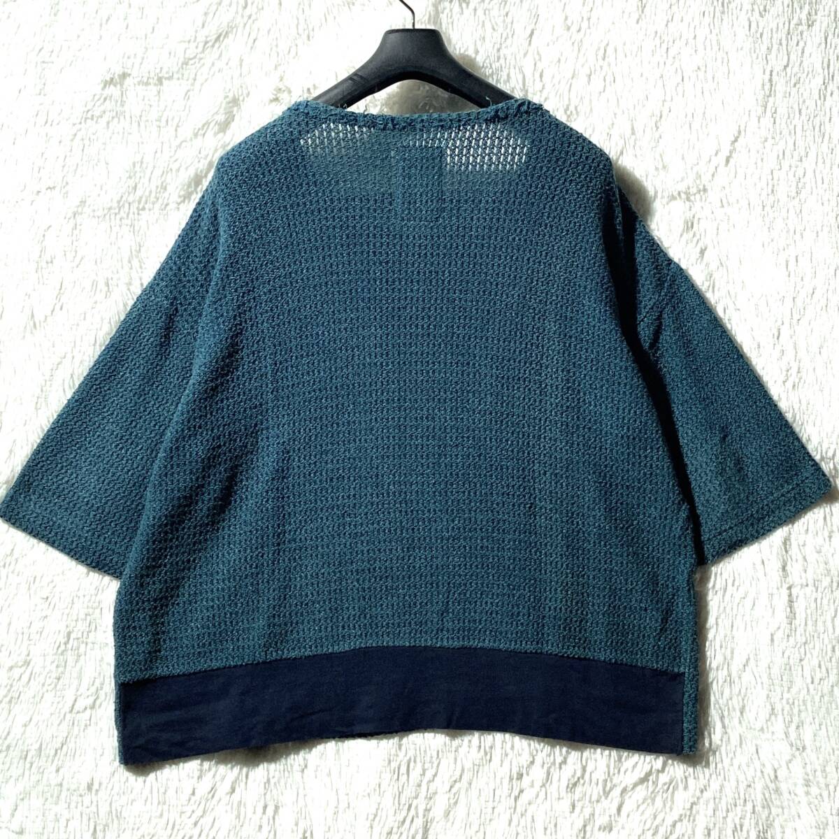 SHAREEF★名作 完売★RUSSELL BIG PULLOVER★和紙ニット ビッグシルエットTシャツ カットソー ポケット&裾切替 青緑 着用感快適 シャリーフ_画像2