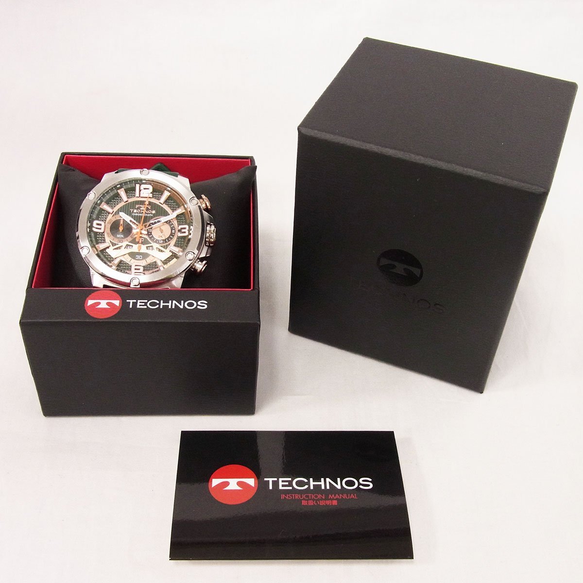  Tecnos wristwatch T8B24 chronograph green face quartz rubber belt men's clock operation goods TECHNOS +