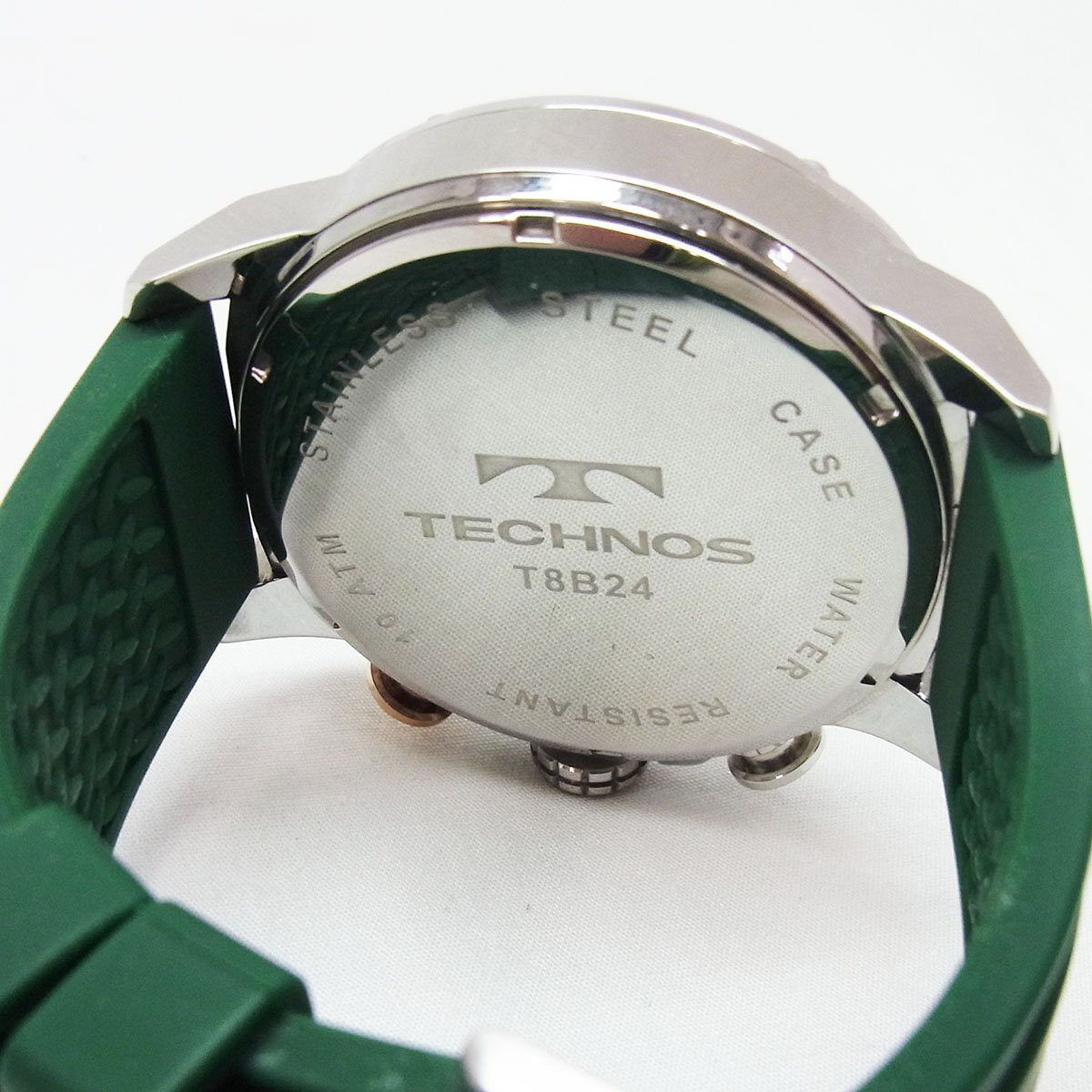  Tecnos wristwatch T8B24 chronograph green face quartz rubber belt men's clock operation goods TECHNOS +