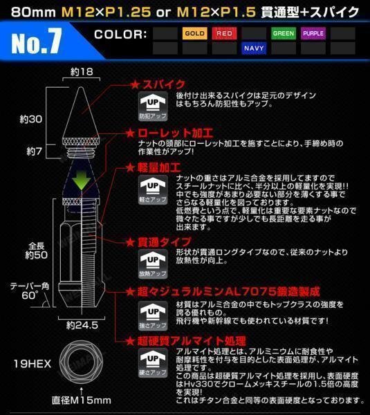 Durax正規品 アルミ製 ホイールナット P1.25 スパイクナット 紫 20個 アルミ ホイール ナット レーシングナット_50mm 貫通型+スパイクナット 30mm