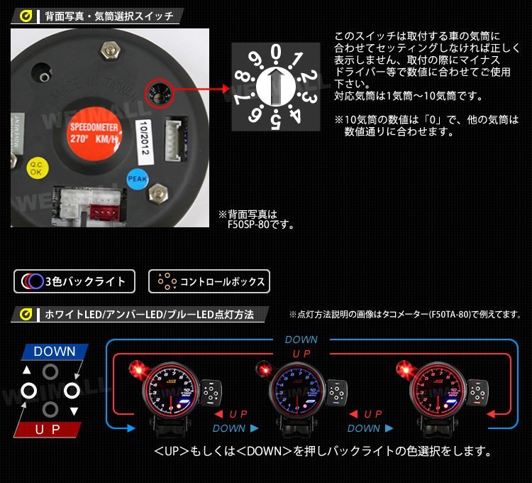 オートゲージ タコメーター 80mm 80Φ 日本製ステッピングモーター ワーニング機能 PEAK機能 エンジェルリング AUTO GAUGE F50シリーズ_画像4