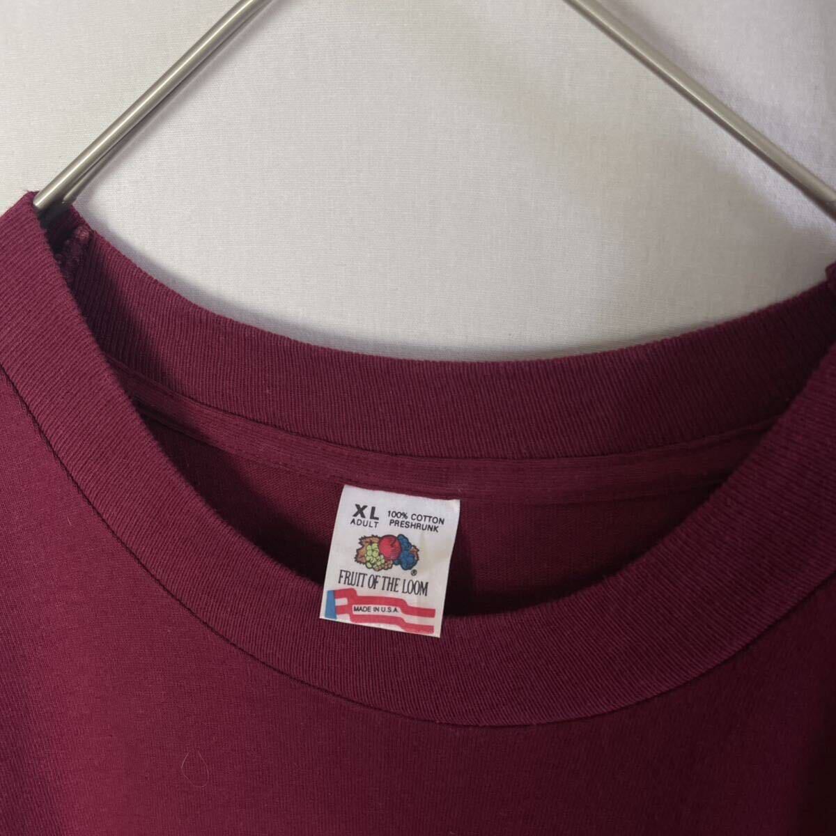 90's アメリカ製　フルーツオブザルーム　半袖プリントTシャツ　古着　XLサイズ　ワインレッド　ヴィンテージ _画像3