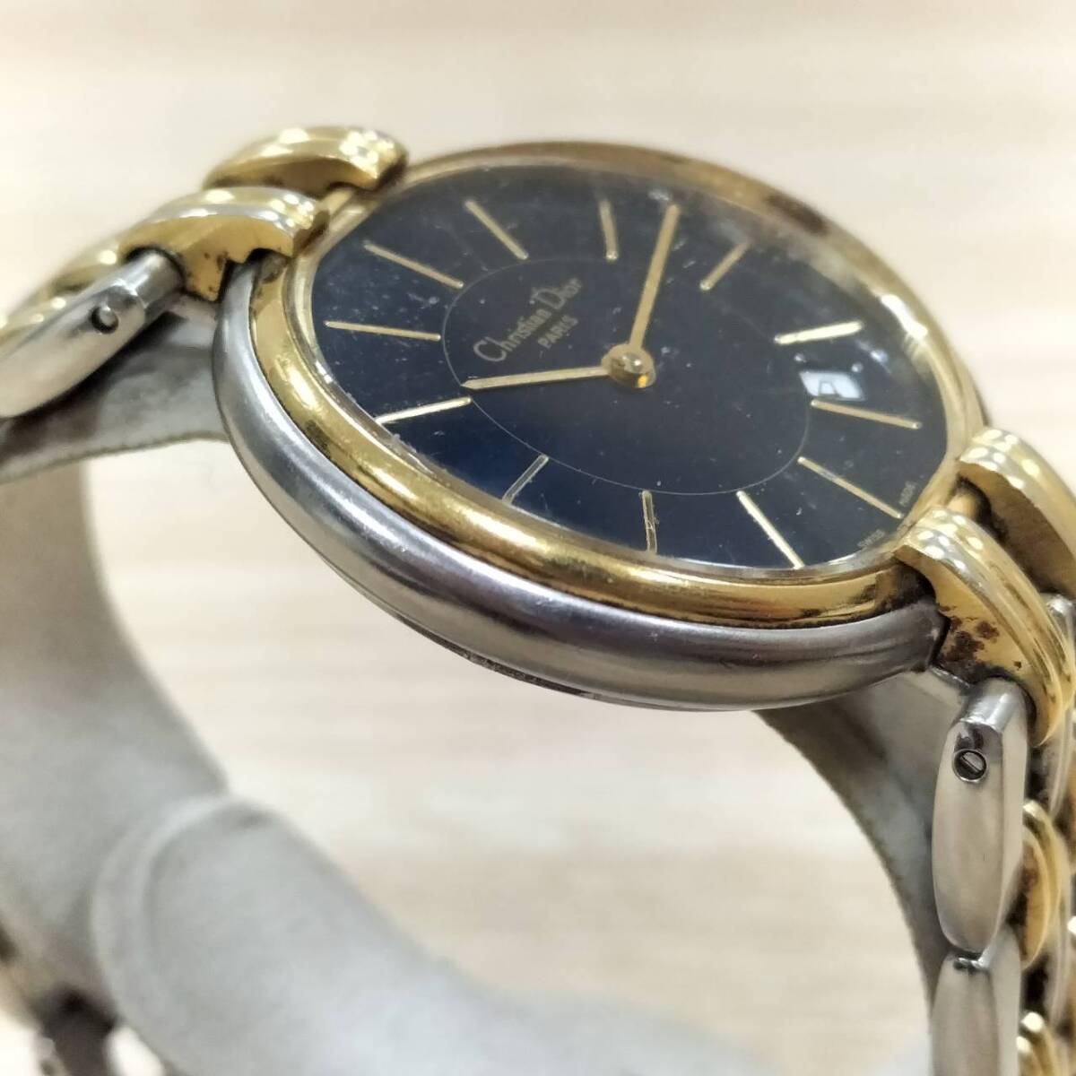 クリスチャン・ディオール Christian Dior 2針 黒文字盤 デイト 腕時計 バギラ クォーツ シルバー×ゴールド【17793の画像3