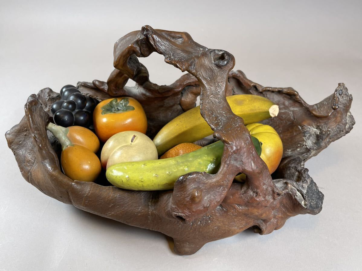 置物 彫刻 陶磁器 木製かご 果物陶器 飾物 木 検:中国 朝鮮 李朝 日本_画像1
