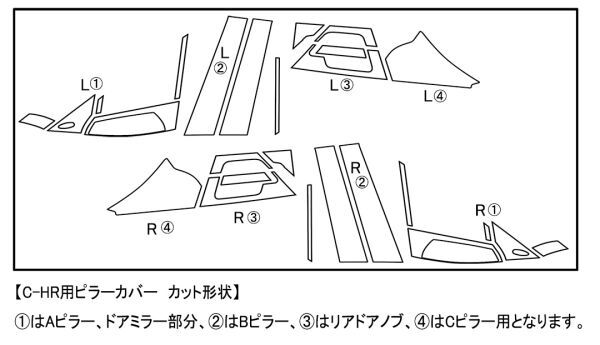 【ドレスアップ】NGX10/50 ZGX10 C-HR 4Dカーボンピラーカバー26P【バイザー無し車用】【ピラーガーニッシュ】_画像2