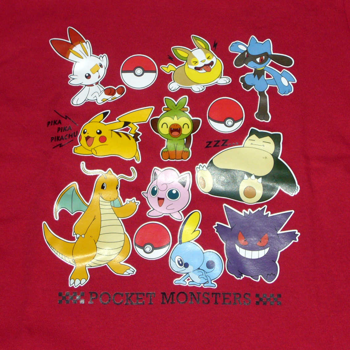 ポケモン 半袖 Tシャツ ヒバニー ワンパチ リオル ピカチュウ サルノリ カビゴン カイリュー プリン メッソン ゲンガー レッド 130 子供_画像2