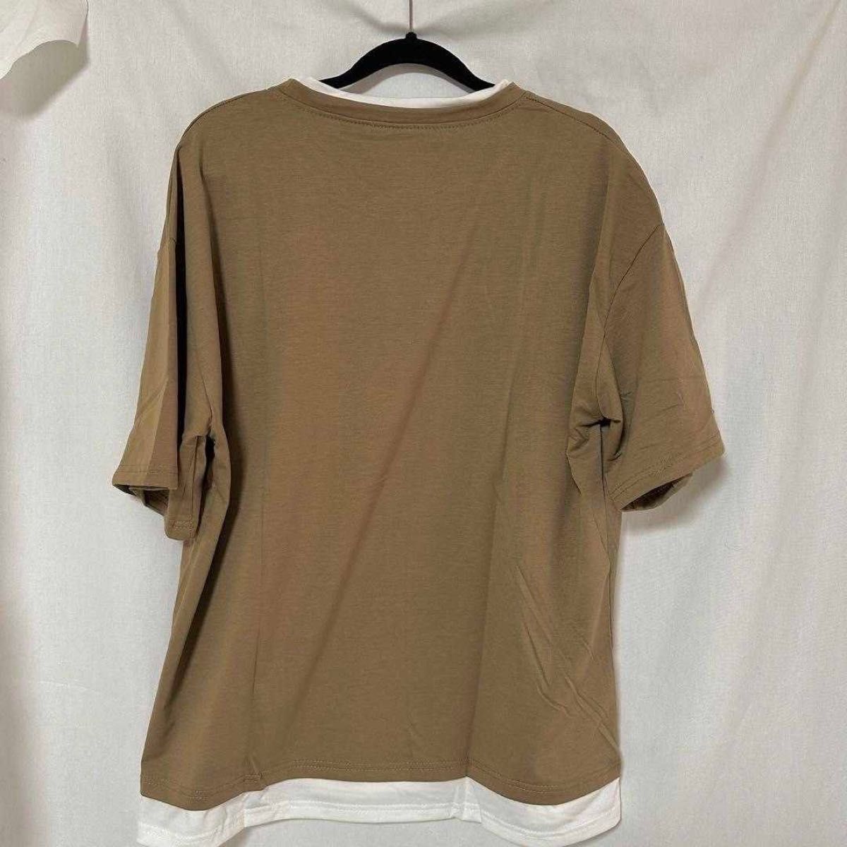 メンズ レイヤード Tシャツ 韓国 オーバーサイズ 重ね着 半袖 カットソー ブラウン XL