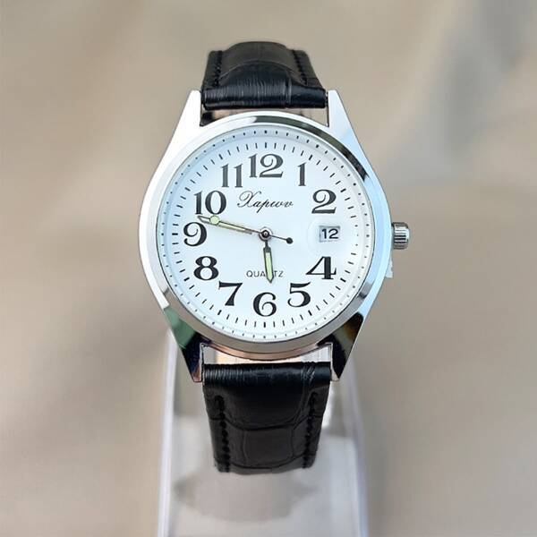 腕時計 メンズ クォーツ ファッショナブル シングル カレンダー ブラックレザー ストラップ 時計_画像3