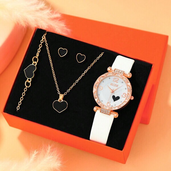 腕時計 レディース セット 1 女性のハートラインストーンクォーツ時計とハートデザインのネックレス、ブレスレット、イヤリング 4_画像1