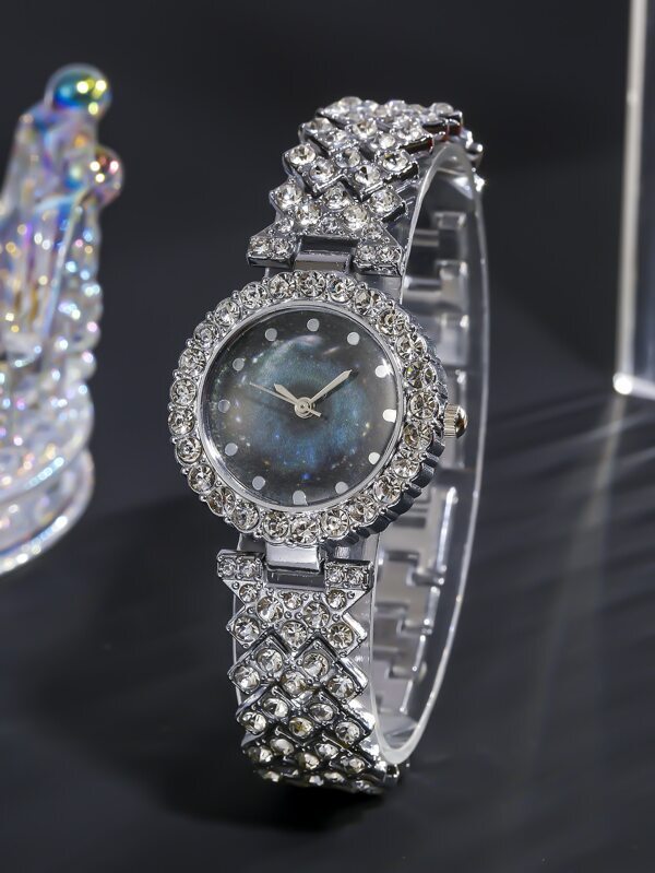 腕時計 レディース セット 1個 女性 シルバー 亜鉛合金 ストラップ グラマラス ラインストーンデコレーション 丸い ダイヤルク_画像3