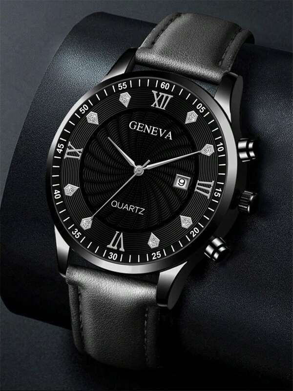 腕時計 メンズ セット 1個 ブラック ポリウレタンストラップ ファッション 日付 ラウンド ダイヤルクォーツウォッチ & 2個_画像2