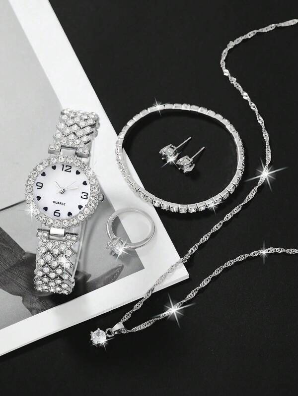 腕時計 レディース セット 1 個女性シルバー亜鉛合金ストラップグラマラスラインストーン装飾ラウンドダイヤルクォーツ時計 & 5_画像3