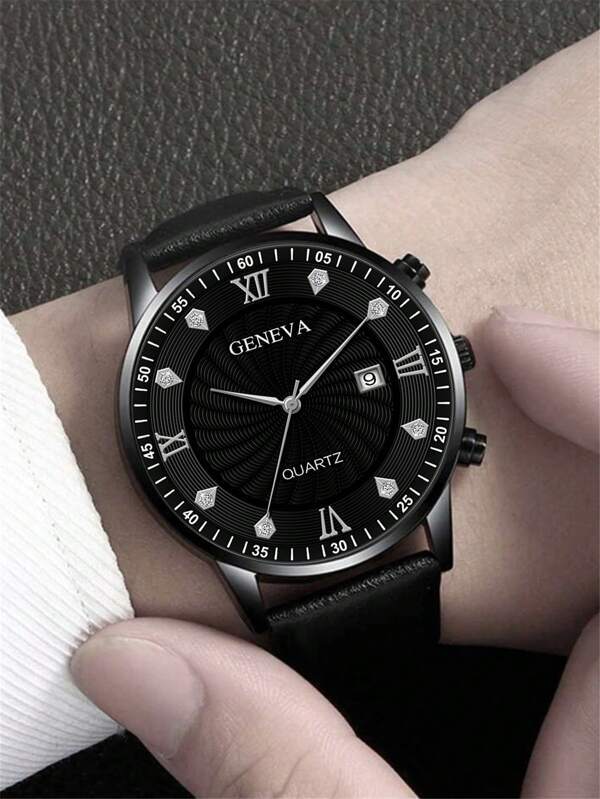 腕時計 メンズ セット 1個 ブラック ポリウレタンストラップ ファッション 日付 ラウンド ダイヤルクォーツウォッチ & 2個_画像4