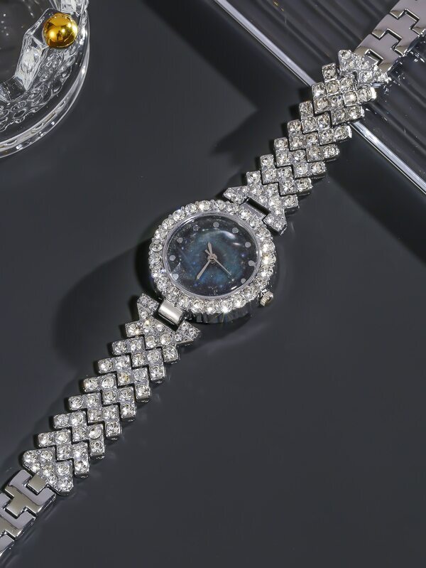 腕時計 レディース セット 1個 女性 シルバー 亜鉛合金 ストラップ グラマラス ラインストーンデコレーション 丸い ダイヤルク_画像2