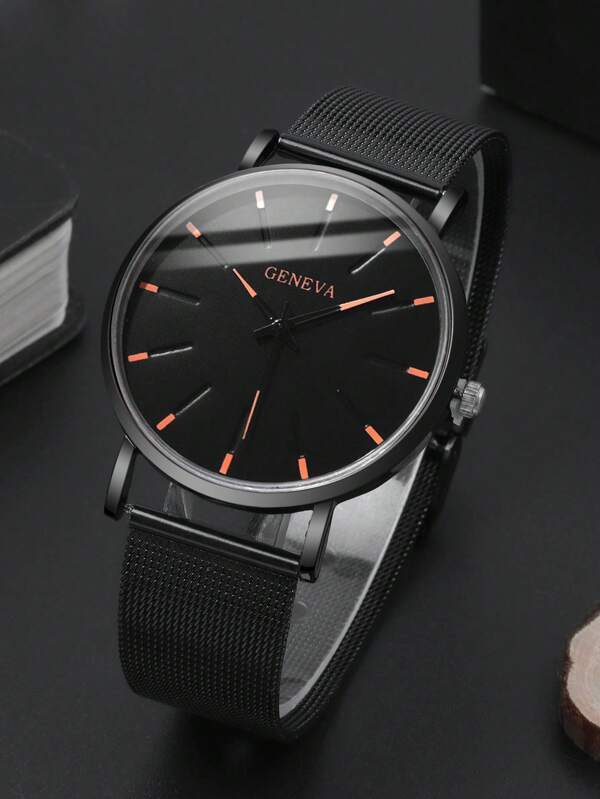 腕時計 メンズ セット 1個 ブラック 亜鉛合金 ストラップ ファッション ラウンド ダイヤルクォーツウォッチ & 1個 チェーン_画像2